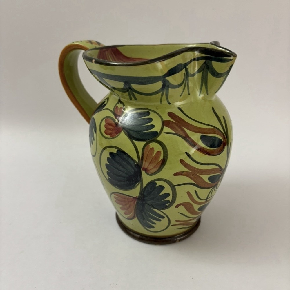 Vintage Hand Painted Ceramic Pitcher Italy Floral Irene Pattern Green